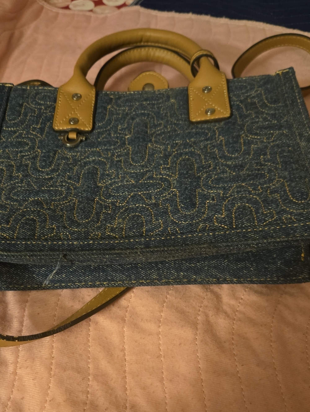True Religion Denim Satchel with Tan Leather Trim